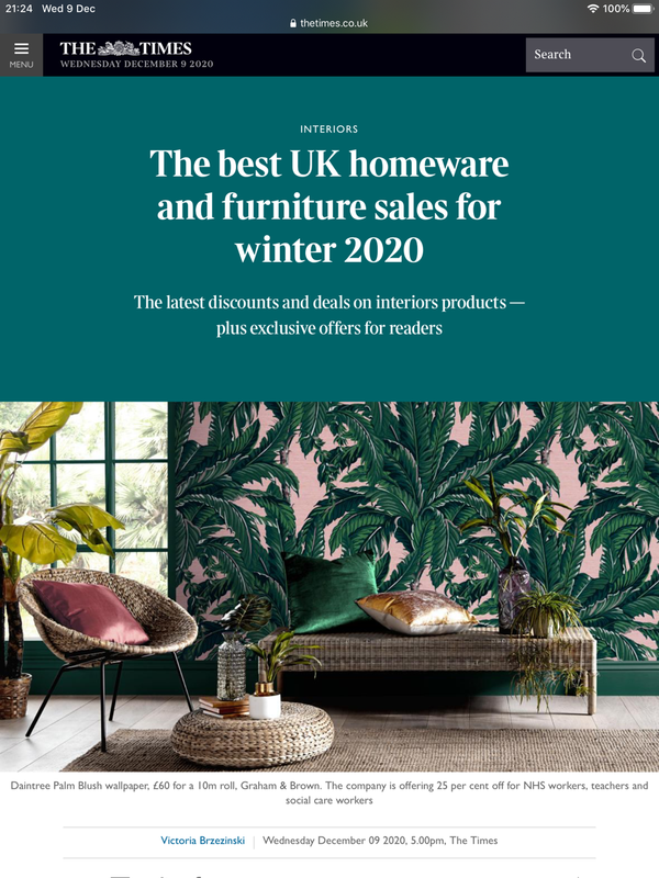 First feature on The Times " The best UK homeware and furniture sales for winter 2020"