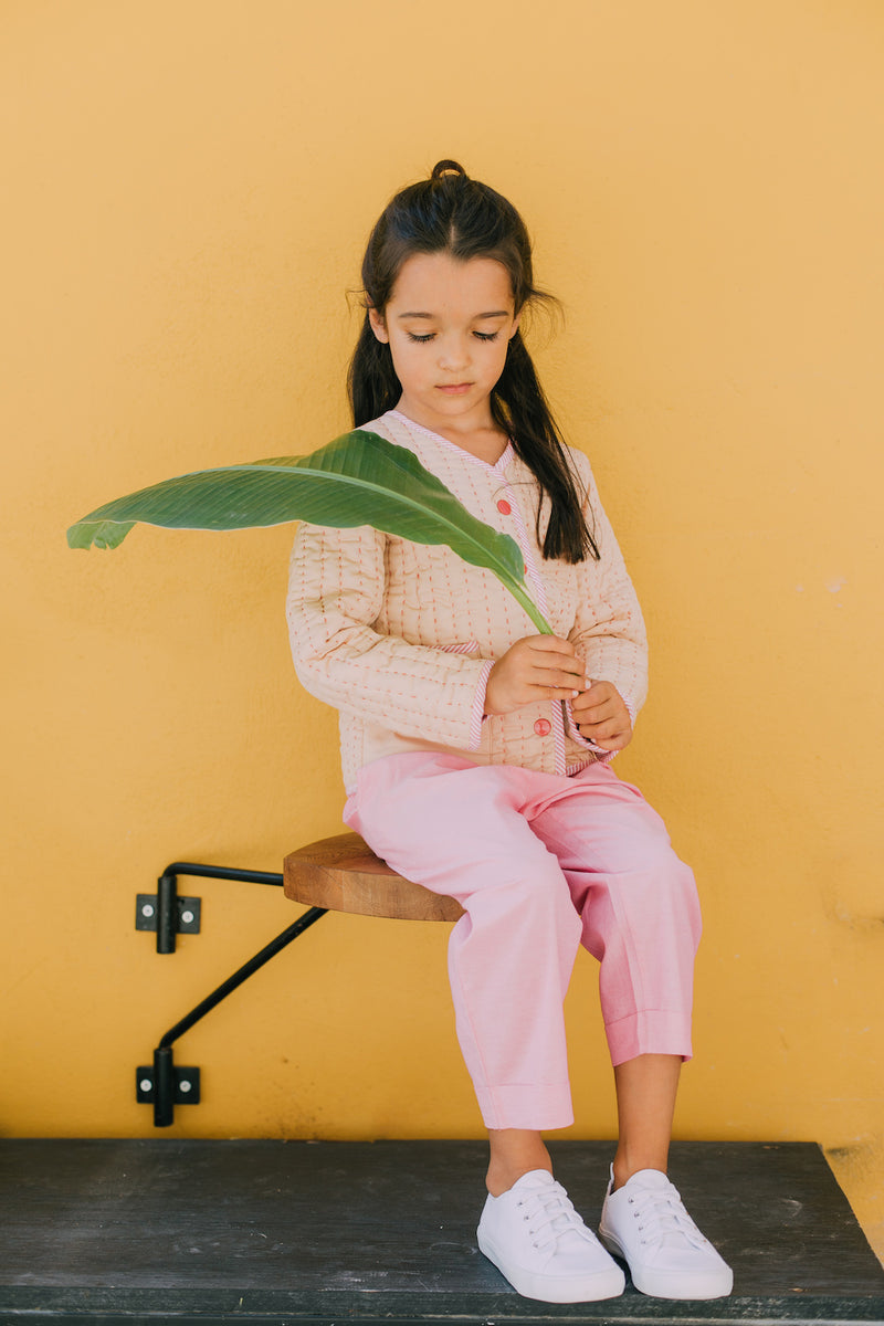 Hand Quilted Jacket with Stripe Lining | Pink