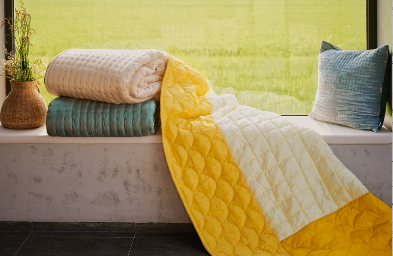 Silk Scallop Hand Quilt Throw | Yellow